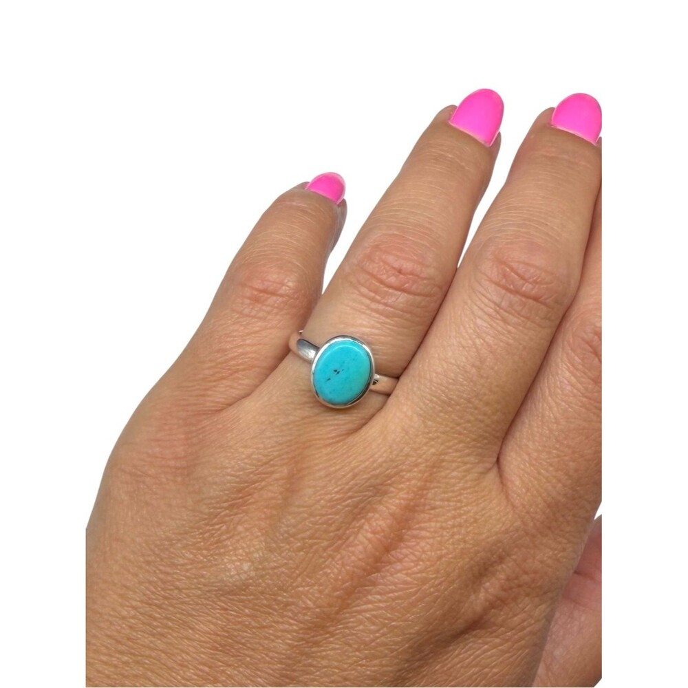 Aztec Mountain Turquoise Ring Size 7 Solid 925 Sterling Silver Oval Stone - Picture 2 of 6